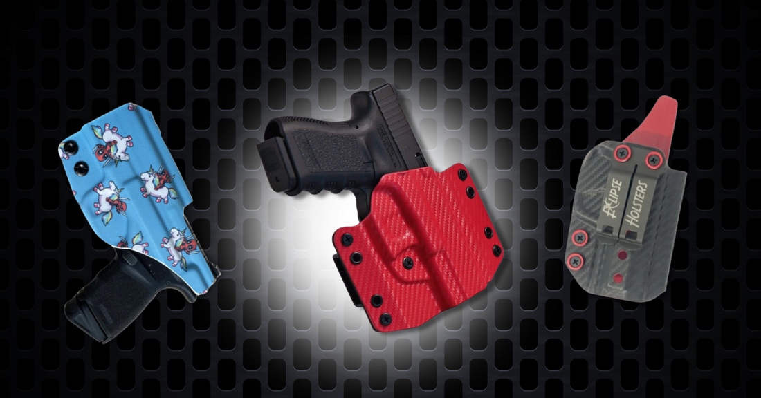 An image showing custom pistol holsters that have various attachment methods.