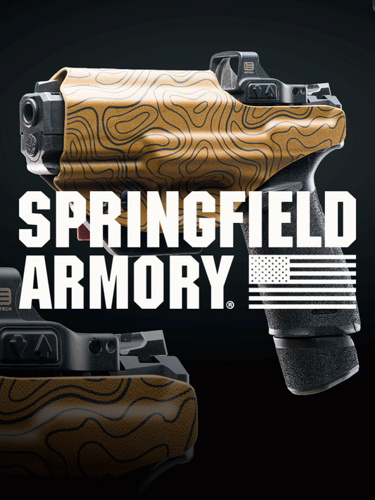 A handgun with a tan and black topographic contour patterned grip, shown against a dark background with large white text reading 'SPRINGFIELD ARMORY' and a U.S.